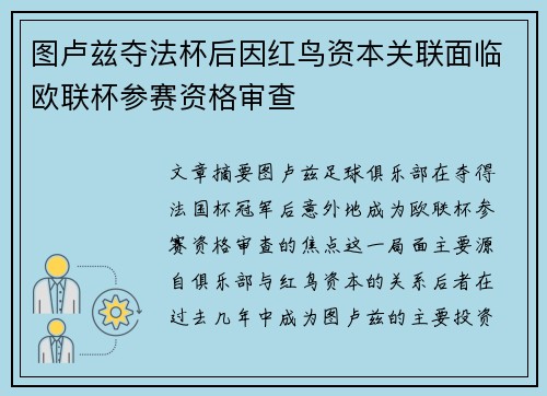 图卢兹夺法杯后因红鸟资本关联面临欧联杯参赛资格审查 图卢兹夺法杯后因红鸟资本关联面临欧联杯参赛资格审查