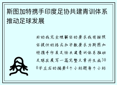 斯图加特携手印度足协共建青训体系推动足球发展